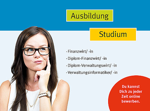 Eine junge Frau schaut nachdenklich auf die Worte Ausbildung und Studium